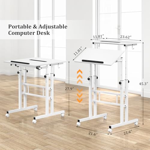 Enayplon White Standing Desk with Wheels - Adjustable Mobile Sit-Stand Table