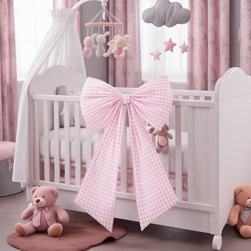 Pink Textured Cotton Gingham Bow - 40x24 Inch Oversized Decor with Double-Sided Tape
