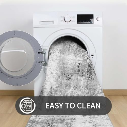 Grey 8x10 Abstract Boho Area Rug - Machine Washable Non-Slip Faux Wool Indoor Carpet