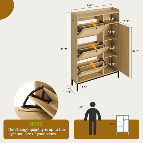 Garvee 3-Drawer Light Oak Shoe Cabinet with 4-Tier Storage & Rattan Doors