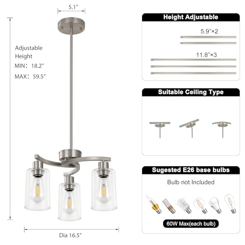 Syltherra 3-Light Brushed Nickel Pendant Light Fixture with Glass Shade - Modern Adjustable Kitchen & Dining Chandelier