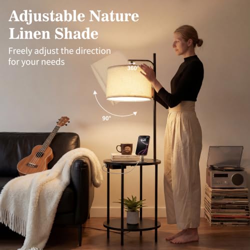 ONEWISH Black Floor Lamp with Table and USB-C Charging Ports - Modern Nightstand & Reading Light