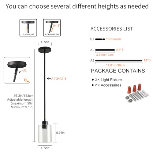 Black Pendant Lights Kitchen Island 2 Pack Modern Glass Fixture with Stem Rod - Black