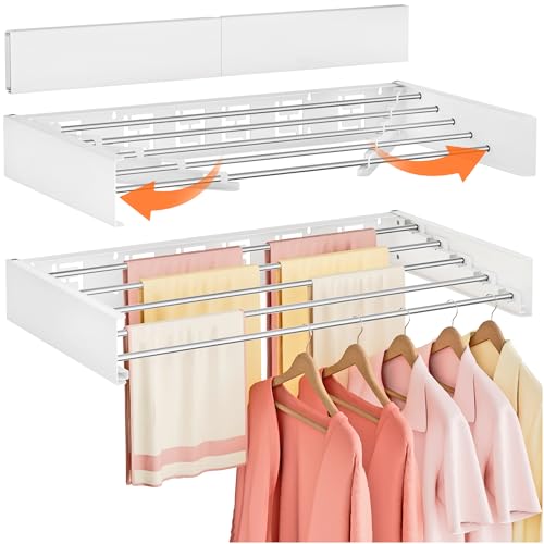 Wall Mounted Foldable Clothes Drying Rack White 32 Inch - Space Saving Laundry Storage with 5 Rods - Collapsible & Invisible Design
