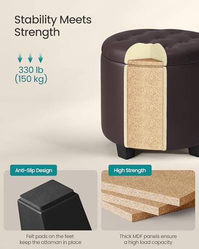 Chestnut Brown Round Vanity Stool with Storage - 17.7 Inch Diameter