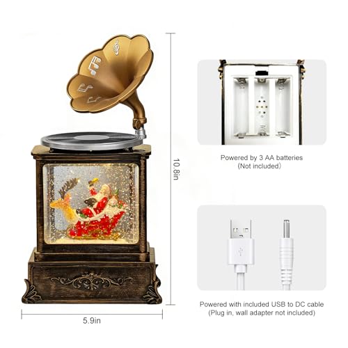 MOJDIOSM Phonograph Snow Globe Lantern - 8 Songs, Silent Mode, USB/Battery Powered, Reindeer Santa Snowman 10.8in