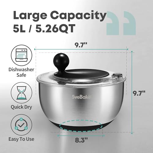 Black Stainless Steel Salad Spinner 5.3 Qt with Quick Dry & Stop - Easy Drain