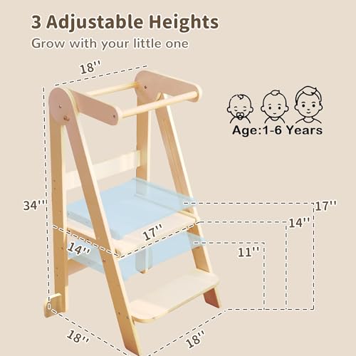 Foldable Toddler Kitchen Step Stool with 3 Adjustable Heights - Natural Wood