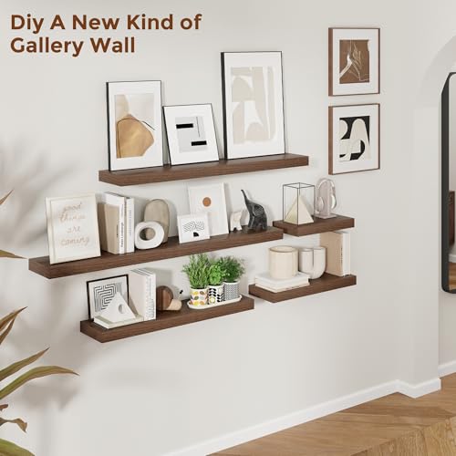 Heimlove 24-Inch Walnut Floating Wall Shelves Set of 2 Rustic Wood Wall Mounted Storage