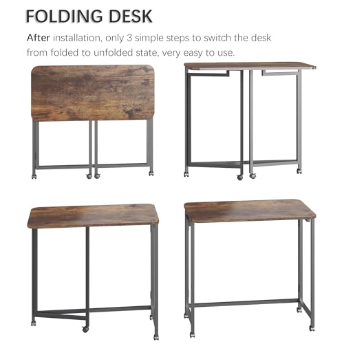 31.5-Inch Small Folding Mobile Computer Desk with Wheels - Rustic Brown & Black