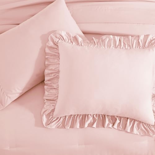 King Size Pink Ruffle Comforter Set - Farmhouse Bed in a Bag, 7 Pieces - Soft & Cozy, Elegant Bedding with Pillowcases - Variation: Soft Pink / King