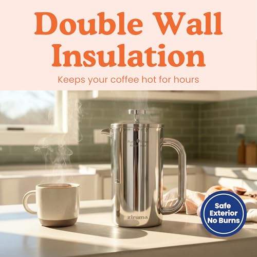 Ziruma Standard 34oz Non-Toxic Stainless Steel French Press - No Plastic, Heavy Metals