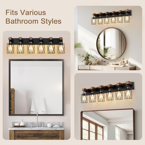 Black Farmhouse Bathroom Vanity Light 6-Light Wood & Metal Fixture Over Mirror - Rustic Style