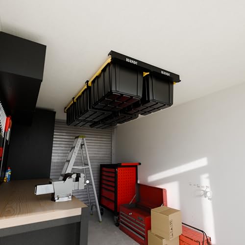 Heavy Duty Garage Overhead Storage Rack with 6 Black Bins - Connectable Ceiling Shelving System