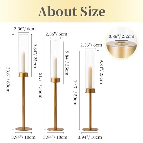 Hewory Gold Candlestick Holders 3-Piece Glass Hurricane with Tall Brass Base - Matte Gold