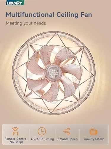 16in Caged Low Profile Ceiling Fan Light with Remote White & Gold - LEDIARY