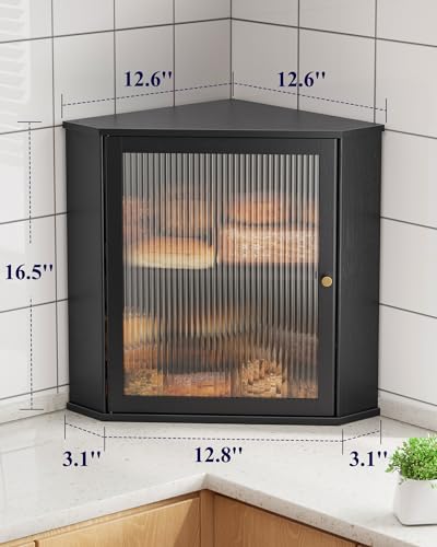 Corner Wooden Bread Box - Large Black Kitchen Storage Organizer