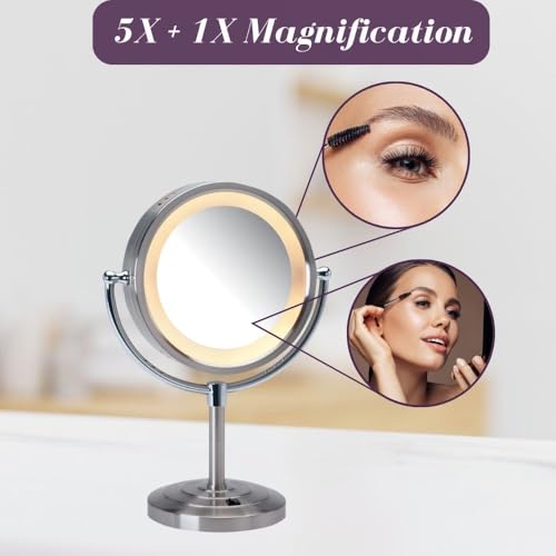 Lighted Makeup Mirror with 5X Magnification and Built-In Outlet - Nickel Finish