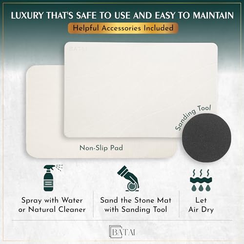 Batai Extra Large Beige Diatomaceous Earth Stone Bath Mat 31.5 x 19.7 Inches – Non-Slip, Dries Instantly