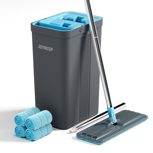 JOYMOOP Mop and Bucket Set with 60-Inch Extensible Handle and 4 Microfiber Pads - Grey & Cyan Blue