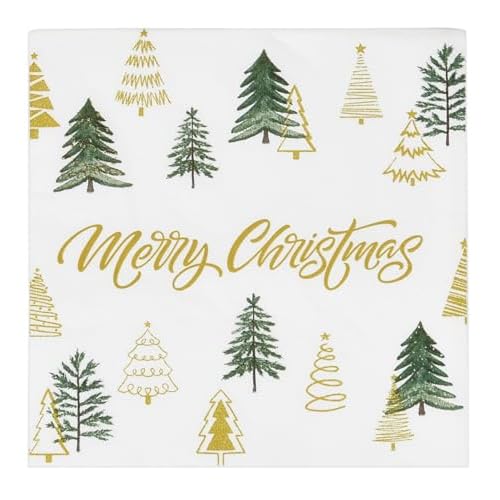 Gift Boutique - 100 Merry Christmas Tree Cocktail Beverage Napkins Disposable Paper Decorative Elegant Xmas Green & Gold Trees Dessert, Napkin for Winter Holiday, Party Supplies Tableware Decoration