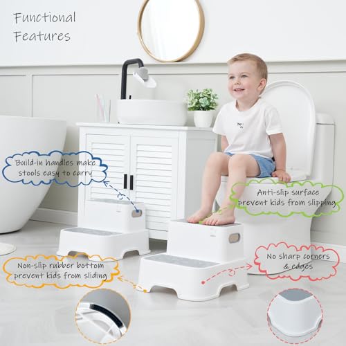 Grey & White Toddler Step Stool for Bathroom Sink & Potty Training 2-Pack - Kid-Friendly Plastic Boosters with Faucet Extenders