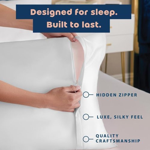 BLISSFORD Satin Pillowcase - Zippered Design for Hair & Skin Care | Soft & Cool White Satin, Standard Size - Set of 2