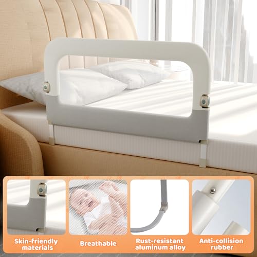 Omzer 32-Inch Foldable Toddler Bed Rail Guard - White with Grey Safety Side for Baby