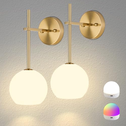 Gold Battery Operated Wall Sconces Set of 2, Rechargeable Wireless