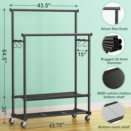 Heavy Duty Double Rod Clothes Rack with Wheels - Black, 65-Inch Garment Organizer with Shelves