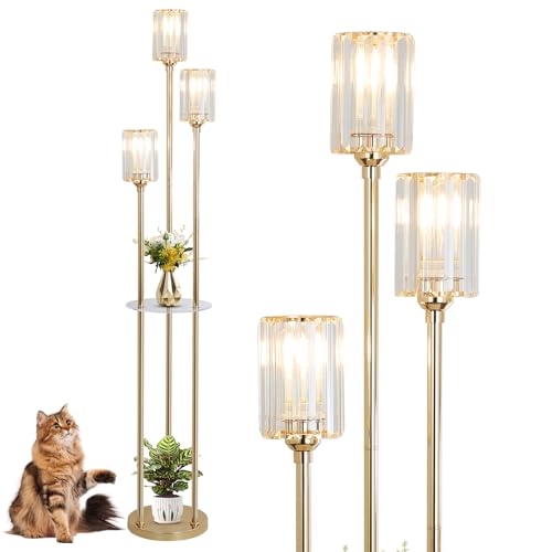 Gold Floor Lamp with Shelves - Modern Crystal Standing Lamp with Table and On/Off Switch