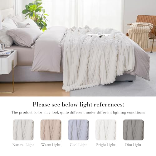 Amélie Home Ivory Striped Faux Fur Throw Blanket 55x70 Oversized Cozy
