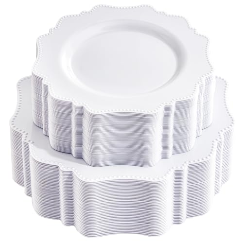 White Disposable Plastic Plates - 100 Pack, Beaded Party Dinner & Dessert Plates