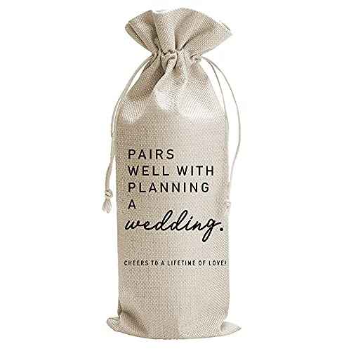 JioJio Chan Pairs Well With Planning a Wedding Wine Bag, Engagement, Funny Personalized Burlap Drawstring Wine Bag for Friend Newlyweds, Wedding Party Decorations (J353)