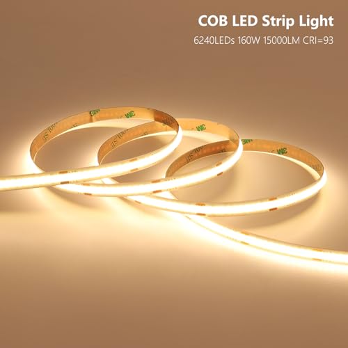 24V COB LED Strip Lights 65.6ft CRI 93, Cuttable, No Waterproof, Warm White