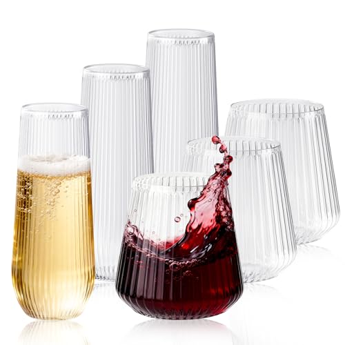 Ribbed Transparent Plastic Wine & Champagne Glasses 56 Pack, 9 & 14 OZ