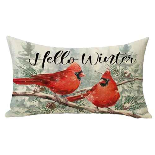 Hello Winter Cardinal Lumbar Decorative Throw Pillow Cover 12 x 20, Rectangular Red Birds Branch Outdoor Home Decor, Christmas Snowy Pine Tree Seasonal Sofa Couch Cushion Case