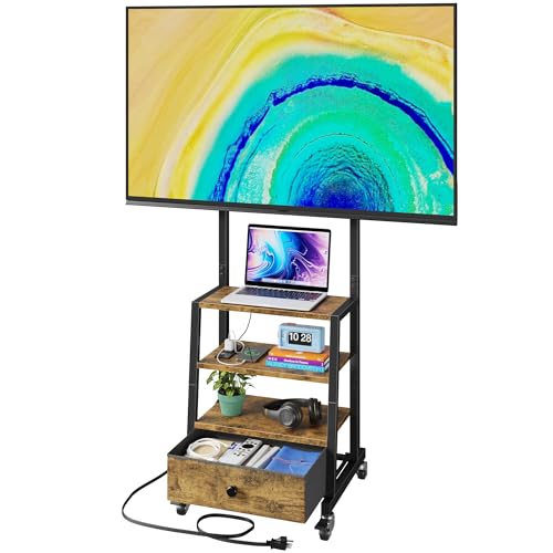 Rolling TV Stand with Wheels & Mount - 15 Inch Rustic Brown with Fabric Drawer - Fits 32-55 Inch TV