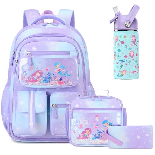Purple Mermaid Girls Backpack Set with 14oz Leak-Proof Water Bottle & Lunch Bag - 4 Pieces