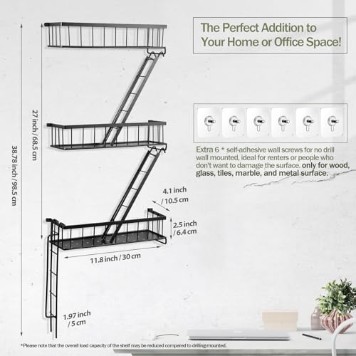 Black 3-Tier Fire Escape Wall Shelf - NYC Style Ladder Floating Shelves for Bedroom & Home Office