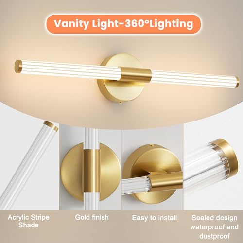 Gold Wall Sconces Set of Two - 23 Inch Hardwired LED Vanity Lights - Modern Bathroom Lighting - Variation: Gold / 23 Inch