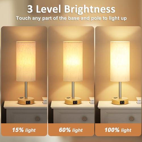 Fenmzee Cream Wood Grain Bedside Table Lamp Set of 2 - Dimmable Touch with USB A+C & Outlet
