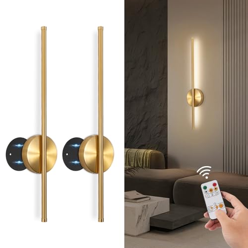 Gold Battery Operated Wall Sconces Set of Two - 24 Inch Wireless Modern Lighting