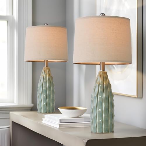 USumkky 23.75-inch Green Ceramic Table Lamp Set of 2 - Farmhouse & Modern Nightstand Decor