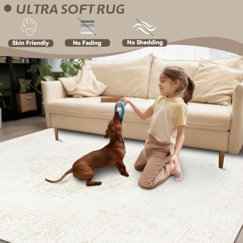 Beige 8x10 Washable Vintage Area Rug - Non-Slip Low Pile Carpet for Living Room
