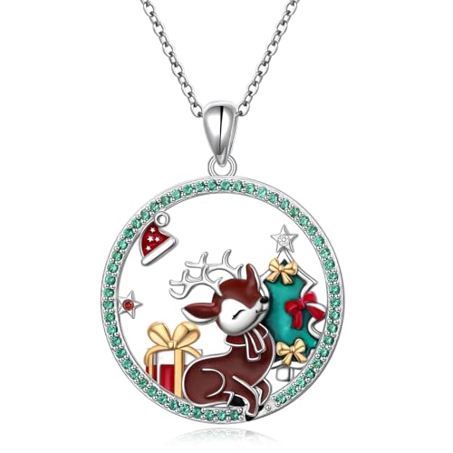 Silver Reindeer Pendant Necklace for Women - 925 Sterling Silver Christmas Jewelry