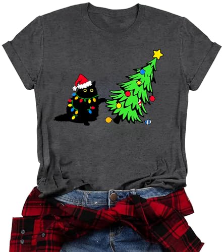 IZROLO Christmas Cat Lover T-Shirt for Women, Large/Dark Grey - Holiday Gift