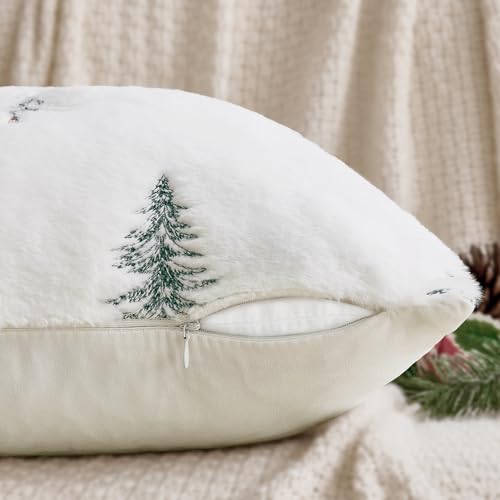 MIULEE 18x18 Inch Faux Fur Pillow Covers Set of 2 White Green Embroidered Christmas Tree