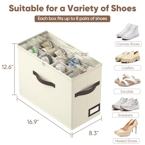 OIAHOMY 4 Pack Beige Foldable Shoe Organizer with Adjustable Dividers, Stackable Shoe Storage Bins for Closet, Fits Up to 32 Pairs