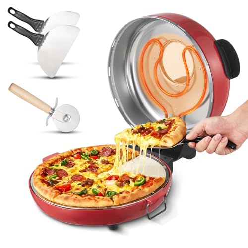 Red 14-Inch Electric Pizza Oven - Large Countertop Pizza Maker with 1600W & Adjustable Temperature